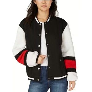 Sherpa Varsity Jacket Say What? Junior’s S Red White Black Bomber